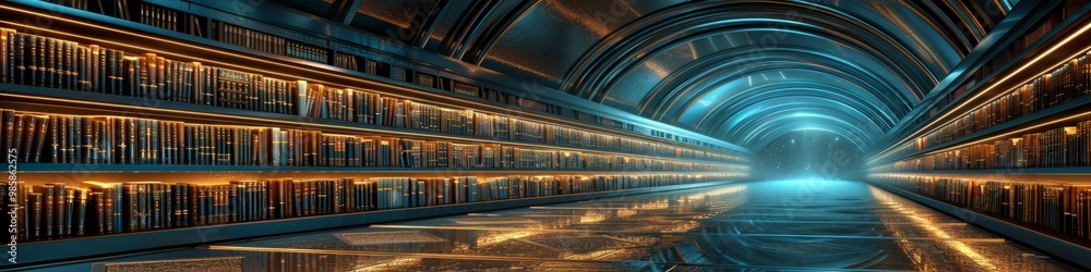 Inside a computer, a digital library with dark, matte bookshelves filled with books that emit a soft, golden glow. Inside a computer, a digital library with dark, matte bookshelves filled with books that emit a soft, golden glow.