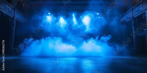 Empty stage with blue spotlights and smoke.