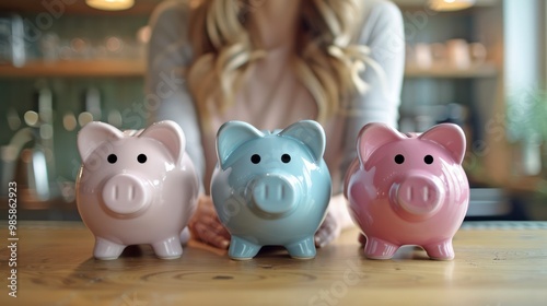 A young woman and her piggy bank, she is determined to save money for the future and investment. concept of saving money.