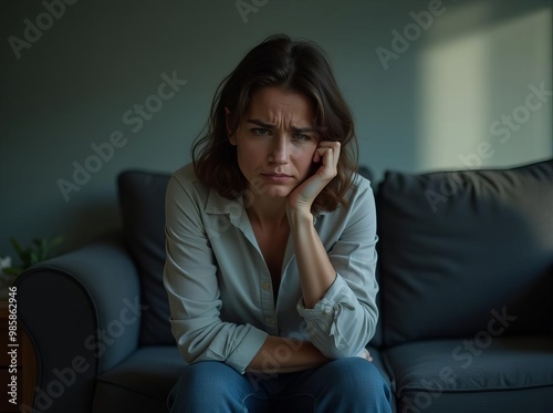 Worried Woman on Couch: Emotional Stress and Anxiety Conceptual Portrait