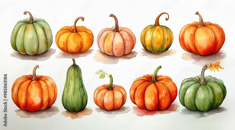 Vibrant set of watercolor pumpkins, autumn season. Autumnal vegetables on white. Thanksgiving holiday Vibrant set of watercolor pumpkins, autumn season. Autumnal vegetables on white. Thanksgiving holiday