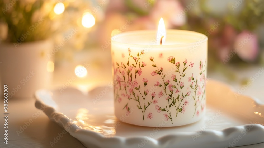 Wedding candles decorated with small flowers are elegantly placed on a white ceramic tray. The bright light helps to highlight the minimalist backdrop, emphasizing the simple but beautiful design. Wedding candles decorated with small flowers are elegantly placed on a white ceramic tray. The bright light helps to highlight the minimalist backdrop, emphasizing the simple but beautiful design.