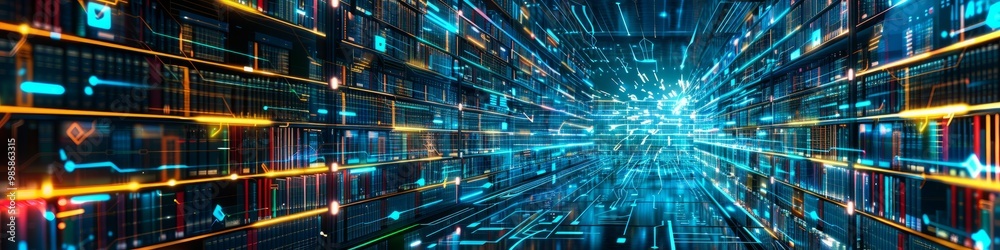 Inside a computer, a digital library with glowing neon bookshelves filled with vibrant, holographic books in shades of blue and green. Inside a computer, a digital library with glowing neon bookshelves filled with vibrant, holographic books in shades of blue and green.