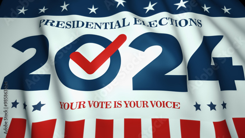presidential campaign 2024, waving flag with USA colors, stars and stripes, election 2024 in United States 3d illustration
