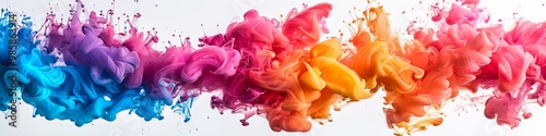 A bold, electric cloud of acrylic pigments and ink in water, featuring vibrant neon colors such as electric blue, hot pink, and lime green. photo