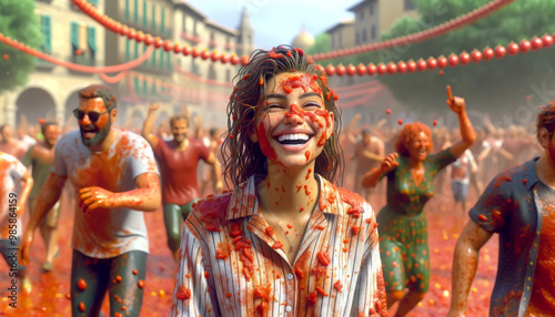 Happy Woman at La Tomatina Festival in Spain Covered in Tomato Juice photo