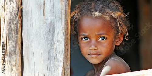 Poor Little Black African Girl from Madagascar - Heartfelt Image Highlighting Poverty