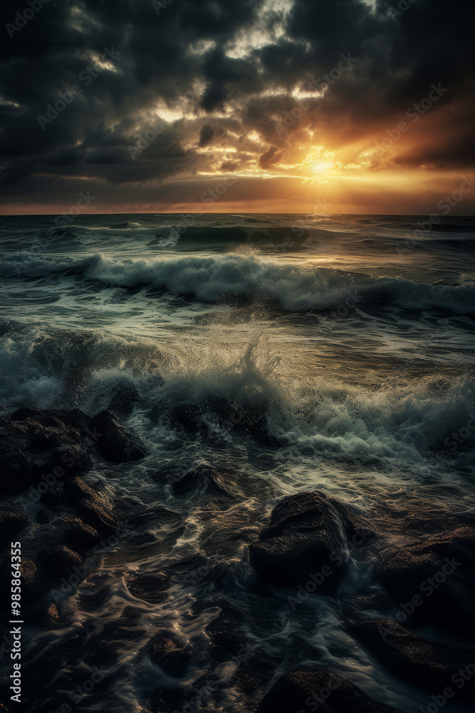Naklejka premium Impressionism dark cloudy sunset over the stormy ocean shore, huge waves, the ocean playing jazz in coatl ziggurat
