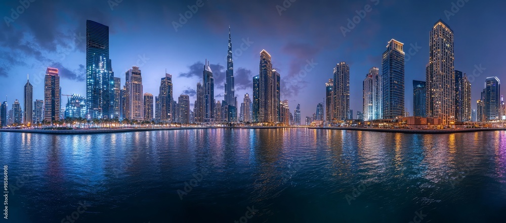 Obraz premium Urban Symphony Cityscape Reflections on Water, Reflections of a Vibrant Metropolis City Lights on Water, Skyline Mirror The Beauty of Cityscapes and Water Reflections