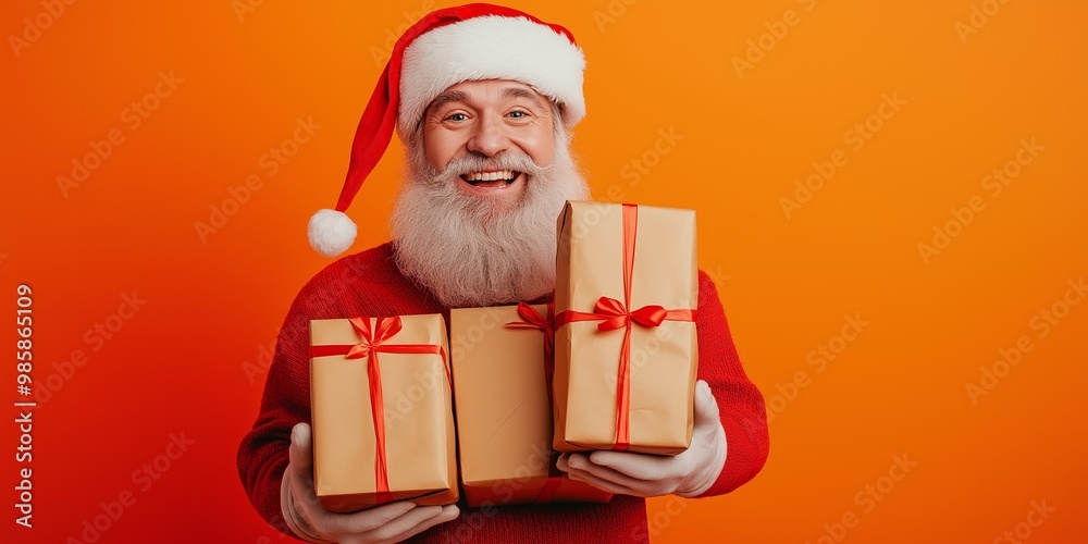 A man wearing a Santa hat is holding three boxes of gifts. He is smiling and he is happy A man wearing a Santa hat is holding three boxes of gifts. He is smiling and he is happy