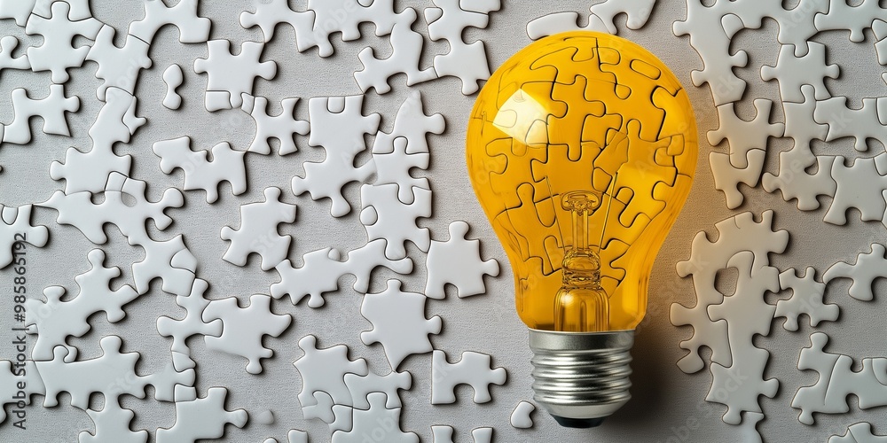 © Iryna - A yellow light bulb is surrounded by a jigsaw puzzle. The puzzle pieces are scattered around the light bulb, creating a sense of disarray and chaos. Concept of a broken or incomplete idea © Iryna - A yellow light bulb is surrounded by a jigsaw puzzle. The puzzle pieces are scattered around the light bulb, creating a sense of disarray and chaos. Concept of a broken or incomplete idea