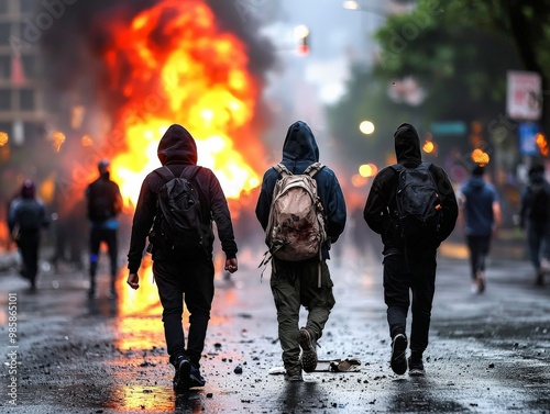 A peaceful protest turning violent as tensions rise, capturing the moment of conflict escalation
