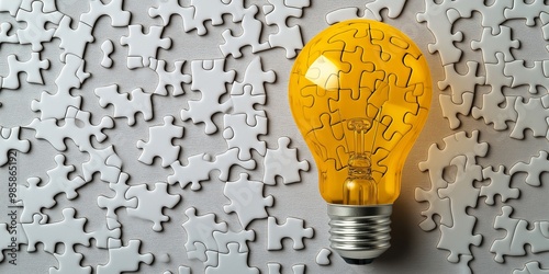 A yellow light bulb is surrounded by a jigsaw puzzle. The puzzle pieces are scattered around the light bulb, creating a sense of disarray and chaos. Concept of a broken or incomplete idea