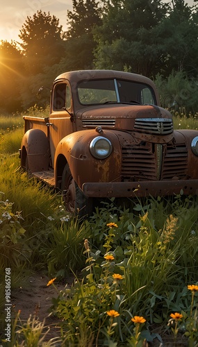 Rusted 1940s Pickup Truck in an Overgrown Field at Sunset – Vintage Charm Meets Nature's Embrace
Old Abandoned Pickup Truck in a Wildflower Field – Golden Light Over a Rustic Relic
 photo