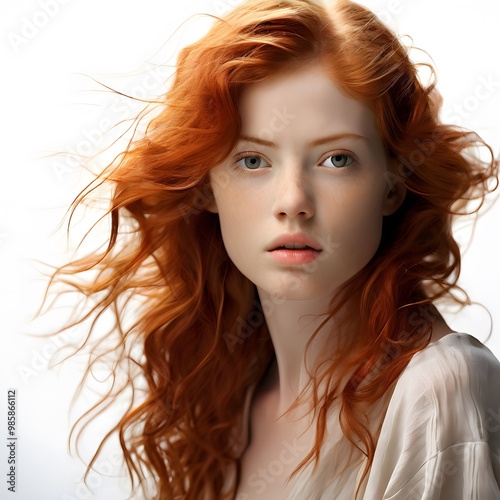 Portrait of a woman with wavy red hair, wearing white clothes