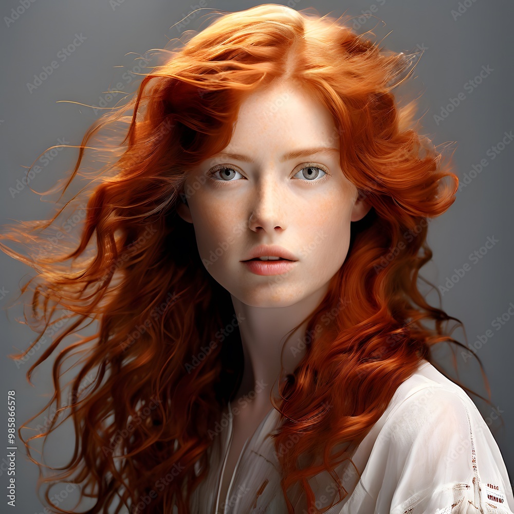 Fototapeta premium Portrait of a woman with wavy red hair, wearing white clothes