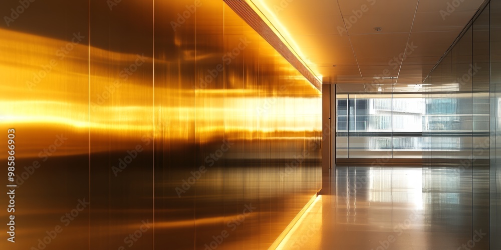 The hallway features a striking golden light creating a vibrant atmosphere against sleek, polished walls, enhancing the modern architecture The hallway features a striking golden light creating a vibrant atmosphere against sleek, polished walls, enhancing the modern architecture