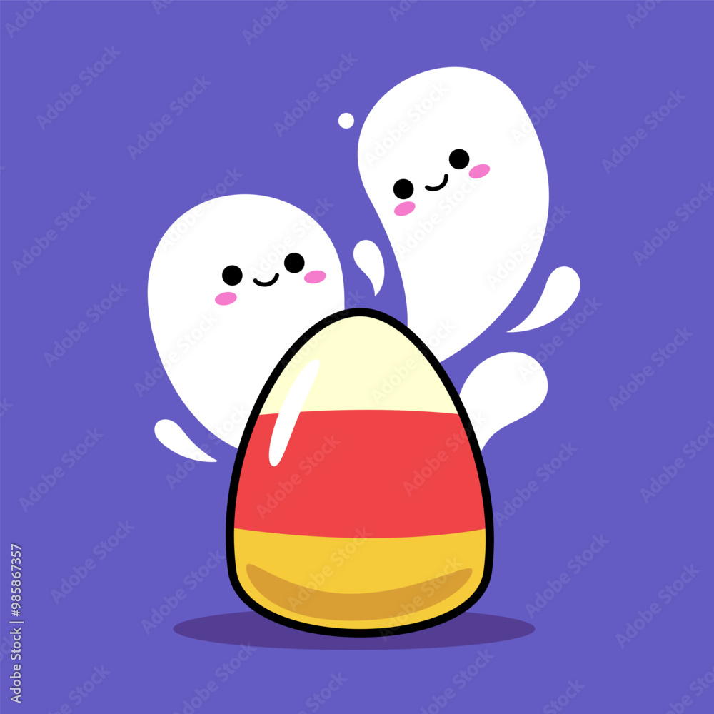 Two ghosts behind a Candy Corn. Isolated Vector Illustration Two ghosts behind a Candy Corn. Isolated Vector Illustration