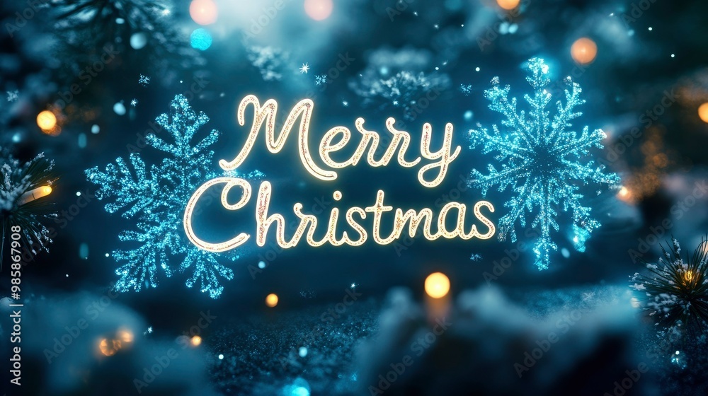A glowing Merry Christmas banner in blue and white, framed by snowflakes and sparkling lights. A glowing Merry Christmas banner in blue and white, framed by snowflakes and sparkling lights.