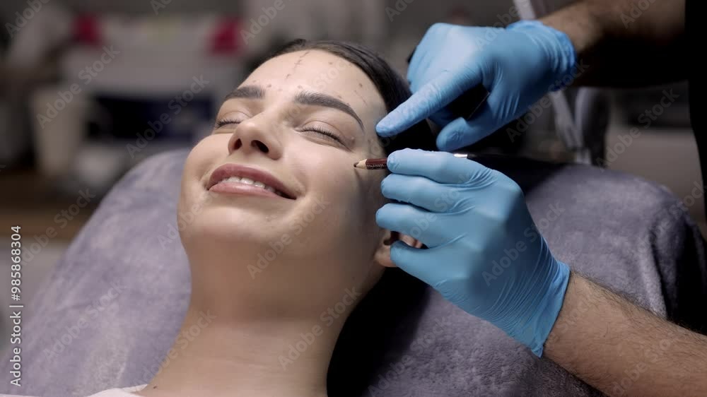 A cosmetologist marks with a pen the site of a beauty injection in the forehead of a beautiful patient. Concept of preparing for an injection of a beautiful young woman. A cosmetologist marks with a pen the site of a beauty injection in the forehead of a beautiful patient. Concept of preparing for an injection of a beautiful young woman.