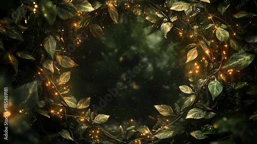 A circular frame of glowing lights woven into a leafy vine. The background is a dark green blur with a few specks of light.