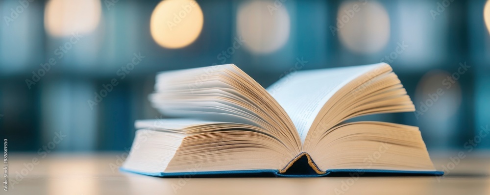 An outdated open textbook in the library, mounds of books and text archives on the reading desk