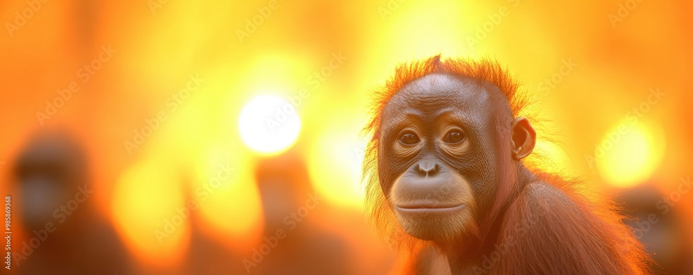 a lone ape in thoughtful expression with blur bright background, deforestation concept a lone ape in thoughtful expression with blur bright background, deforestation concept