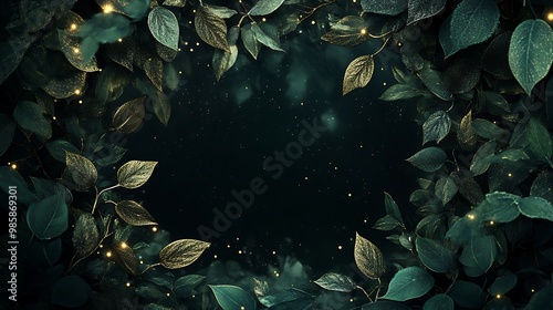 A circular frame of green leaves with glowing lights against a dark background.