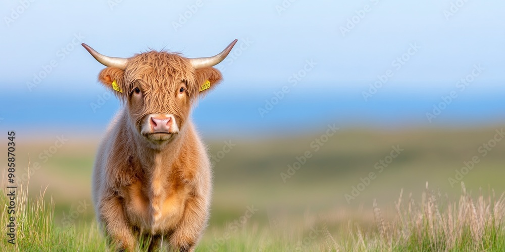 A brown Highland cow with a shaggy coat and bent horns