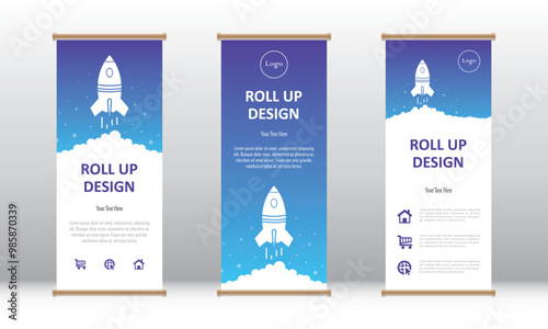 Vertical roll up banner design, project startup, business innovation advertising, display mockup layout template with rocket sign, data visualization and communication, promotion advertisement