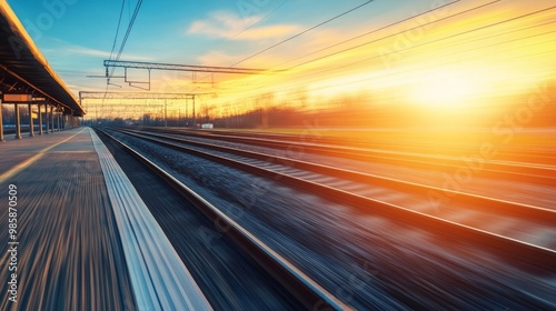 Train moving at dusk. Train station with motion blur background set against vibrant blue sky, industrial theme. Railway tourism, railway travel. railway that is hazy. Moving