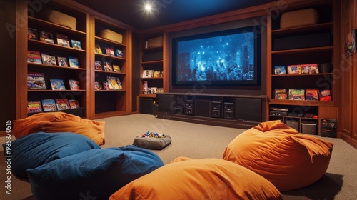 Family-friendly home theater with comfortable bean bags, a large flat-screen TV, and shelves filled with DVDs and games. - photo