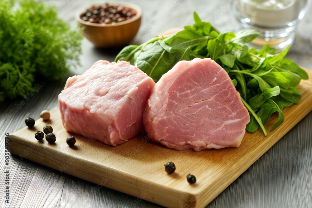 Two pieces of meat on a wooden cutting board with herbs and spices. The scene is appetizing and attractive. Two pieces of meat on a wooden cutting board with herbs and spices. The scene is appetizing and attractive.
