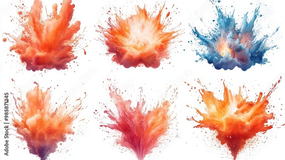 dynamic set of stylized explosions on pristine white background vibrant colors varied shapes capture different blast stages perfect for graphic design elements dynamic set of stylized explosions on pristine white background vibrant colors varied shapes capture different blast stages perfect for graphic design elements