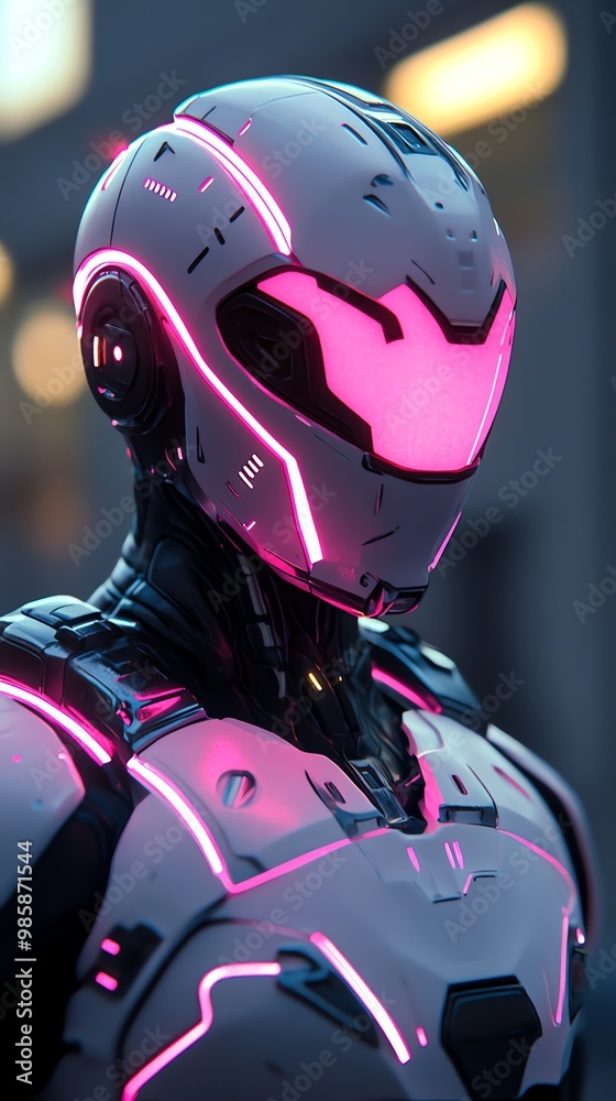 Futuristic robot in white armor with pink neon lights. Futuristic robot in white armor with pink neon lights.
