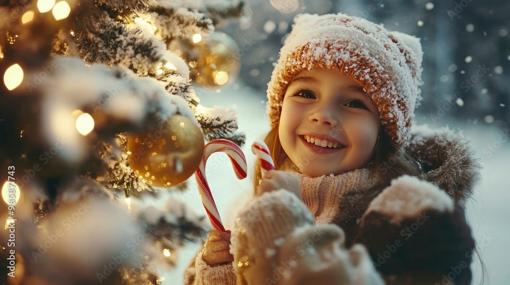 Children hanging candy canes on a snowy Christmas tree with golden lights and ornaments, smiles lighting up their faces. Children hanging candy canes on a snowy Christmas tree with golden lights and ornaments, smiles lighting up their faces.