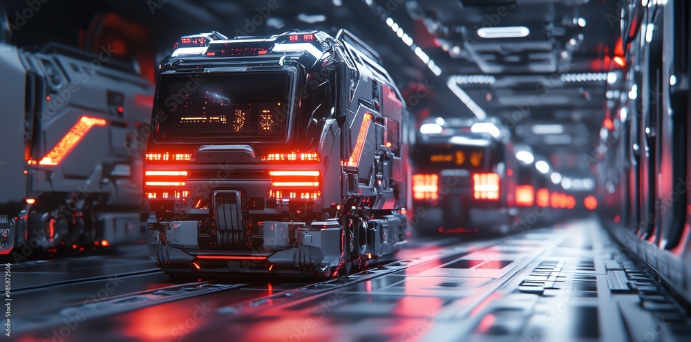 Futuristic train with glowing red lights passing through a futuristic tunnel. Futuristic train with glowing red lights passing through a futuristic tunnel.