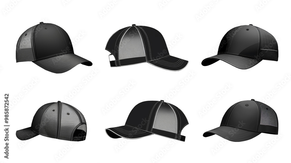Set of black front and side view hat on transparent background cutout. Mockup template for artwork graphic design. Set of black front and side view hat on transparent background cutout. Mockup template for artwork graphic design.