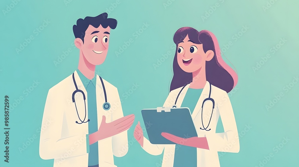 Two Doctors in White Coats Talking and Holding a Clipboard Two Doctors in White Coats Talking and Holding a Clipboard