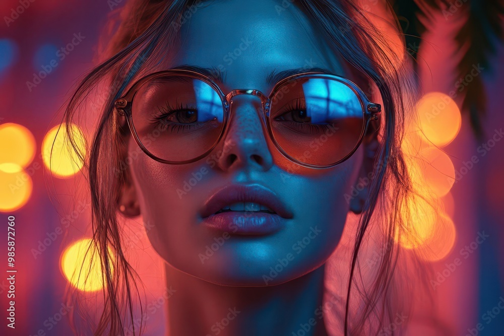 eclectic urban collage with neon accents stylish woman in reflective sunglasses tropical palm silhouette city skyline backdrop vibrant color palette retrofuturistic vibe eclectic urban collage with neon accents stylish woman in reflective sunglasses tropical palm silhouette city skyline backdrop vibrant color palette retrofuturistic vibe