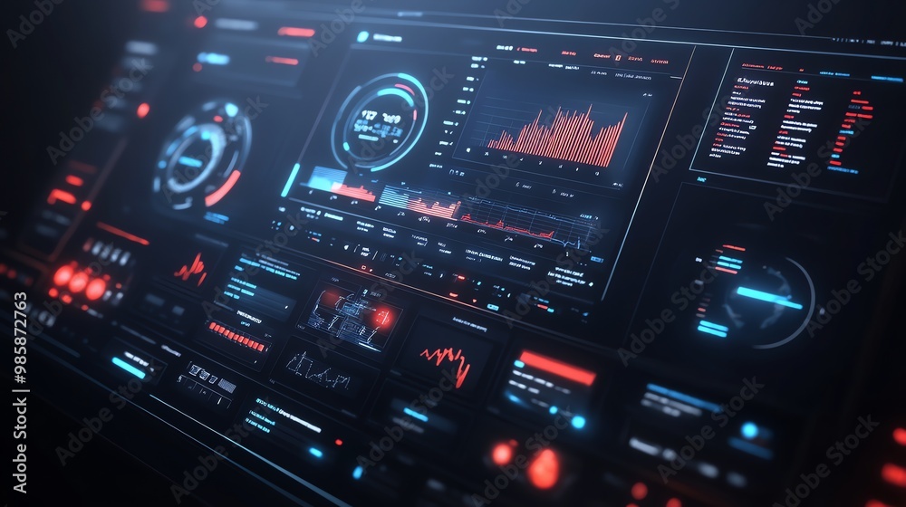 Futuristic user interface with glowing blue and red indicators on a black screen. Futuristic user interface with glowing blue and red indicators on a black screen.