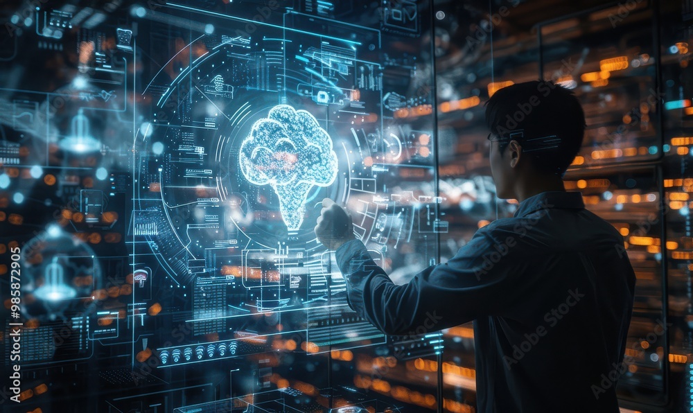 A hand interacts with a glowing holographic display, symbolizing advanced technology and innovation. Free copy space for banner. A hand interacts with a glowing holographic display, symbolizing advanced technology and innovation. Free copy space for banner.