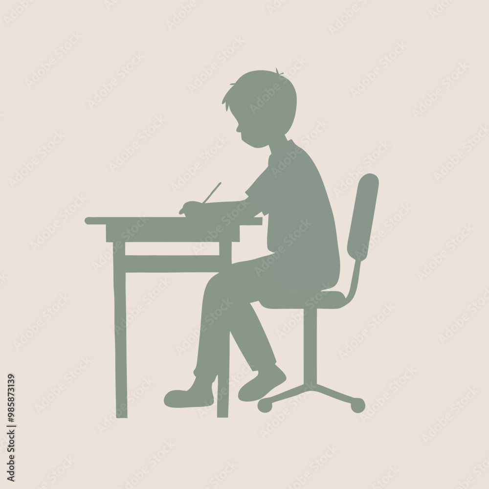a school boy sitting at the desk, vector silhouette, on a white background, 