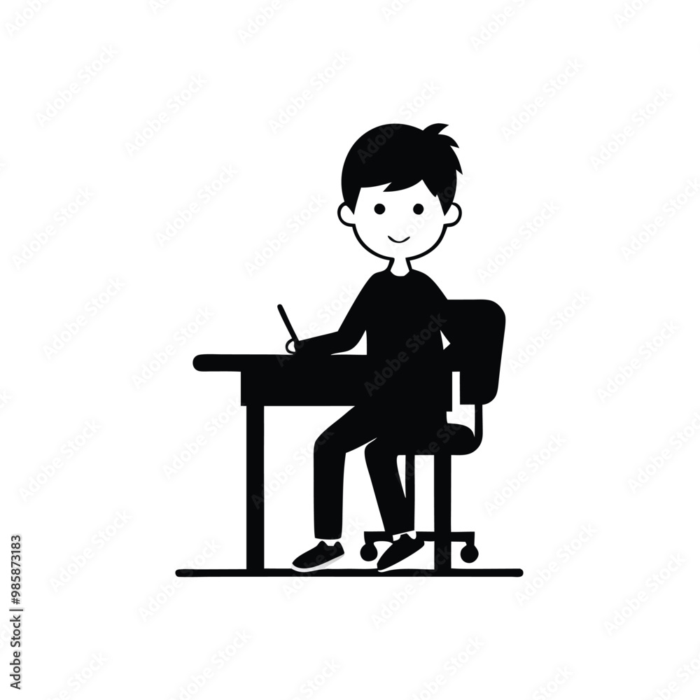 a school boy sitting at the desk, vector silhouette, on a white background, a school boy sitting at the desk, vector silhouette, on a white background,
