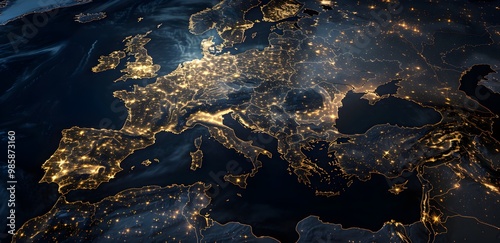 Abstract map of Europe with glowing lights, representing the global network and connectivity in the digital age