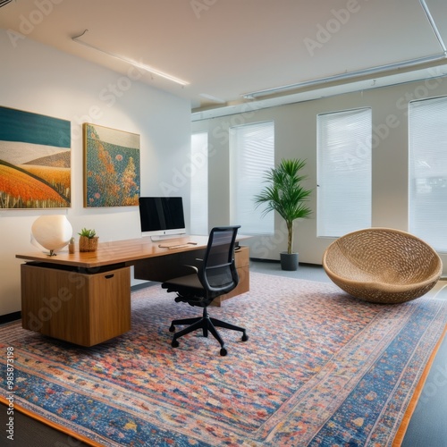 A contemporary office space with a minimalist wooden desk, ergonomic chair, and vibrant area rug, highlighted by natural light and modern art. photo