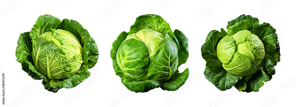 Fototapeta premium Three green cabbages with tightly packed leaves on a transparent background