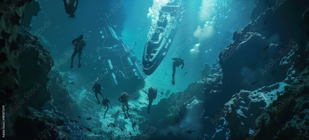 Fototapeta premium Divers Exploring a Sunken Ship