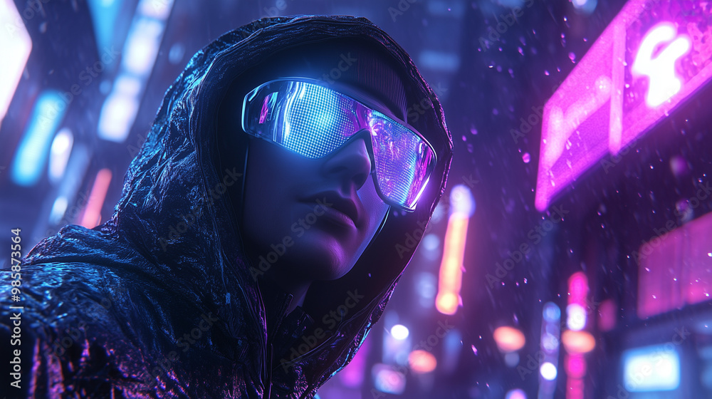 custom made wallpaper toronto digitalCyberpunk Urban Street Hooded Figure Wearing Futuristic LED Glasses at Night with Neon Reflections and Rain in the Background