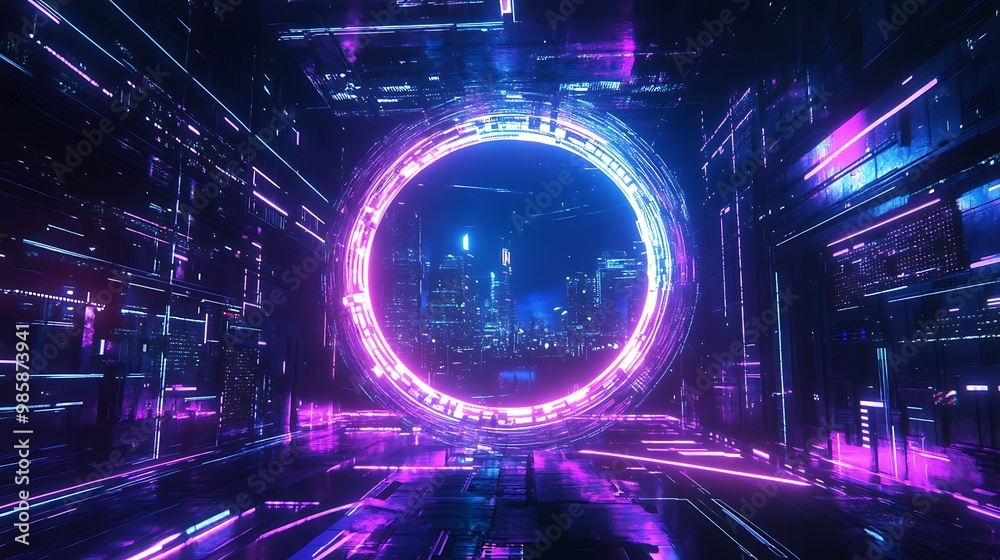 Fototapeta premium A glowing circular portal in a futuristic digital landscape with a cityscape visible through it.